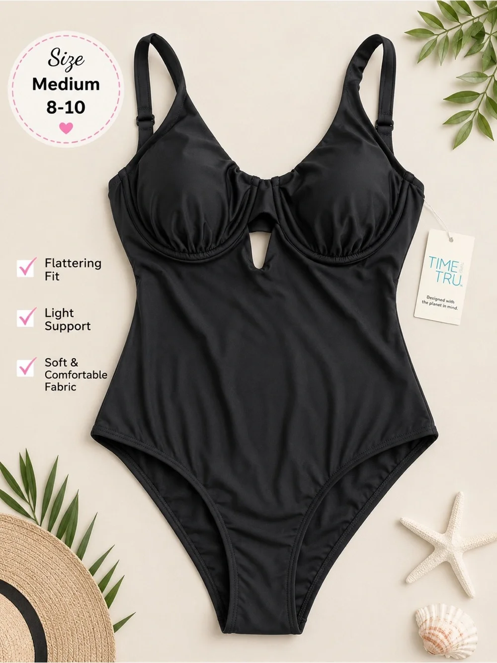 Time and Tru Black One-Piece Swimsuit with Front Knot